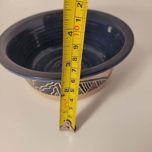 Krause Vintage Pottery Bowl Clay Geometric 1987 Handmade Blue Interior - Picture 8 of 8